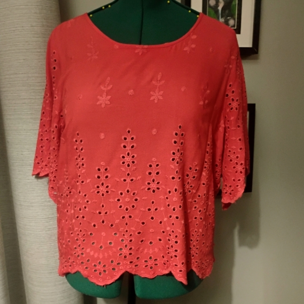 Embroidered Poppy Red Short Sleeved Blouse by Japna Sz XL NWT